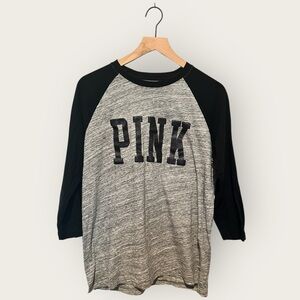 Victoria's Secret PINK Medium Grey Raglan Glitter Logo 3/4 Sleeve Top
